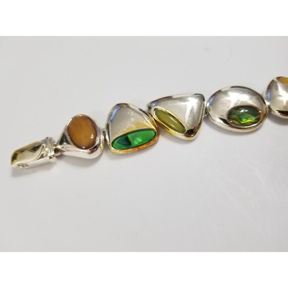 Seven inch silvertone bracelet with inlay stones green yellow b45 - Picture 6 of 11